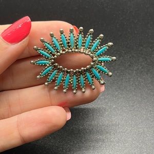 Vintage Faux Turquoise & Silver Toned Oval Brooch Pin